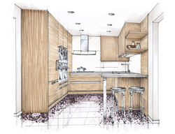 Drawings of kitchen interior with flowers