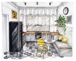 Drawings of kitchen interior with flowers