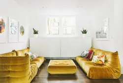 Golden sofa in the living room interior