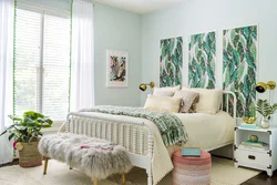 Bedroom interior with green leaves