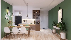 Интерьер кухня гостиная белый зеленый