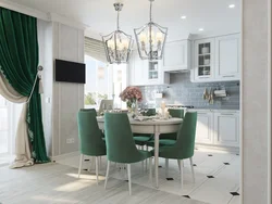 Интерьер кухня гостиная белый зеленый