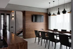 Combination of wood in the interior of the kitchen and living room