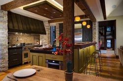 Combination of wood in the interior of the kitchen and living room