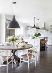 Round gray table in the kitchen interior