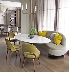 Round gray table in the kitchen interior