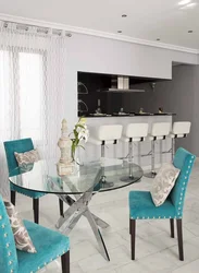 Gray kitchen interior with turquoise curtains
