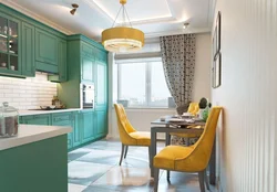 Gray kitchen interior with turquoise curtains