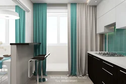 Gray Kitchen Interior With Turquoise Curtains