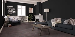 Серый интерьер гостиной с коричневым полом