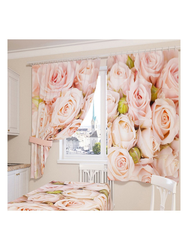 Curtains with roses in the kitchen interior