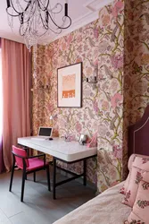 Curtains with roses in the kitchen interior