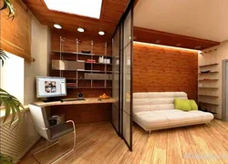 Interior of bedroom office and living room kitchen