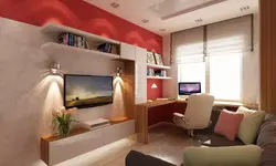 Interior of bedroom office and living room kitchen