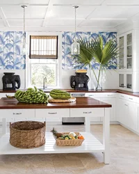 Wallpaper with palm trees in the kitchen interior