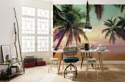 Wallpaper with palm trees in the kitchen interior
