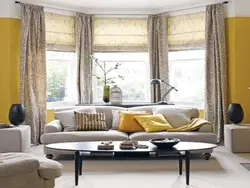Yellow-Gray Curtains In The Living Room Interior