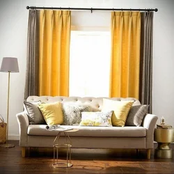Yellow-gray curtains in the living room interior