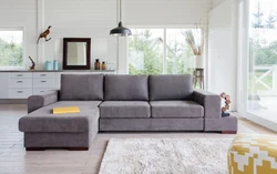 Velor corner sofa in the living room interior