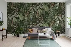 Wallpaper with print in the living room interior