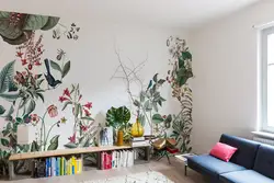 Wallpaper with print in the living room interior