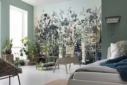 Wallpaper with print in the living room interior