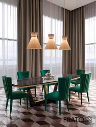 Green chairs in the interior of a gray kitchen