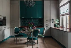 Green chairs in the interior of a gray kitchen