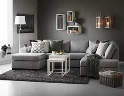Sofa In Living Room Interior With Gray Walls