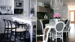 Серый стол и стулья в интерьере кухни