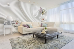 Wallpaper with white flowers in the living room interior