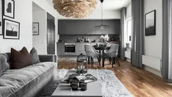 Kitchen living room gray with wood in the interior