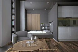 Kitchen living room gray with wood in the interior