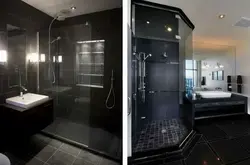 Черная душевая кабина в интерьере белой ванны