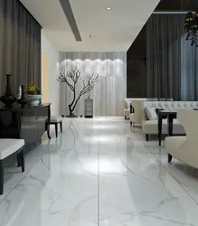 Marble-effect porcelain tiles in the living room kitchen interior