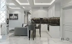 Marble-effect porcelain tiles in the living room kitchen interior