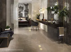 Marble-Effect Porcelain Tiles In The Living Room Kitchen Interior