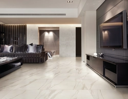 Marble-effect porcelain tiles in the living room kitchen interior