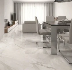 Marble-effect porcelain tiles in the living room kitchen interior