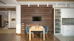 Imitation timber in the interior of a kitchen in a house