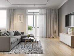 Curtains to the gray floor in the living room interior