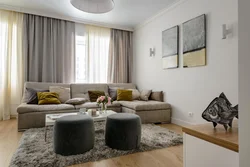 Curtains To The Gray Floor In The Living Room Interior