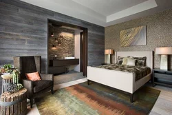 Gray laminate on the wall in the bedroom interior