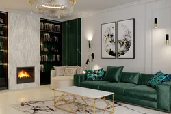 Curtains in a gray living room interior with a green sofa