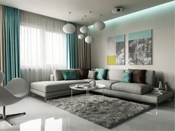 Curtains In A Gray Living Room Interior With A Green Sofa