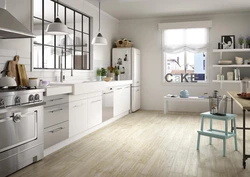 Wood-look porcelain tiles for the kitchen floor photo