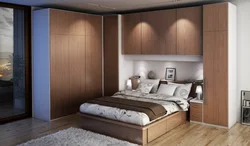 Дызайн спальні з убудаванай шафай і ложкам