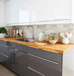 Gray white kitchens with wooden countertops photo
