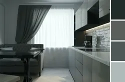 Чорна белая кухня ў інтэр'еры шторы