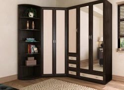 Photo of corner cabinets in the living room with a mirror